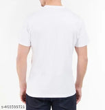 Men's white polyester printed half-sleeve T-shirt. Short sleeves, round neck design. Ideal for casual wear and events. Made in India