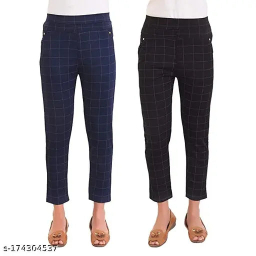 Modern check Lycra jeggings, two-piece set for regular and official use. Style in sizes 24, 26, 28, 30, 32, 34, free size, made in India