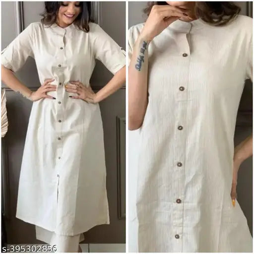 OffWhite Kantha Cotton Kurta Palazzo Set for Women, solid net, short sleeves