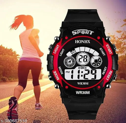 Kids' watch for combo - sporty design with red strap, digital display showing time and date