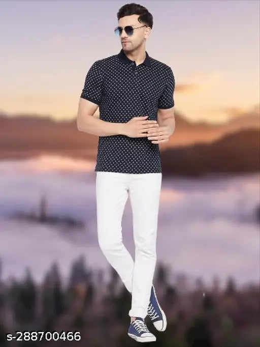 Navy blue cotton blend half-sleeve polo neck short sleeve printed t-shirt for men, stylish and trendy