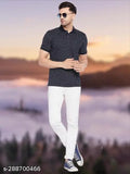 Navy blue cotton blend half-sleeve polo neck short sleeve printed t-shirt for men, stylish and trendy