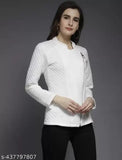 White fleece side zipper stylish jacket, solid black with textured net pattern, premium quality fabric assured