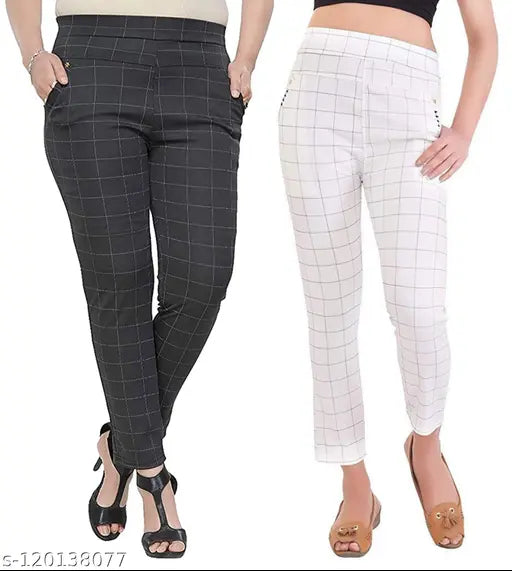 Casual feminine women's checked cotton blend jeggings with stretch and side pockets, ideal for casual wear and outings. Ankle length, free size, and available in multiple colors