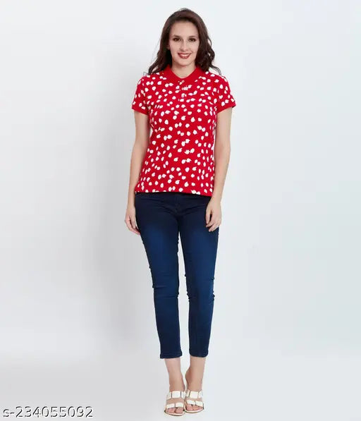 Viscose women's polo T-shirt with short sleeves and printed design, soft cotton material