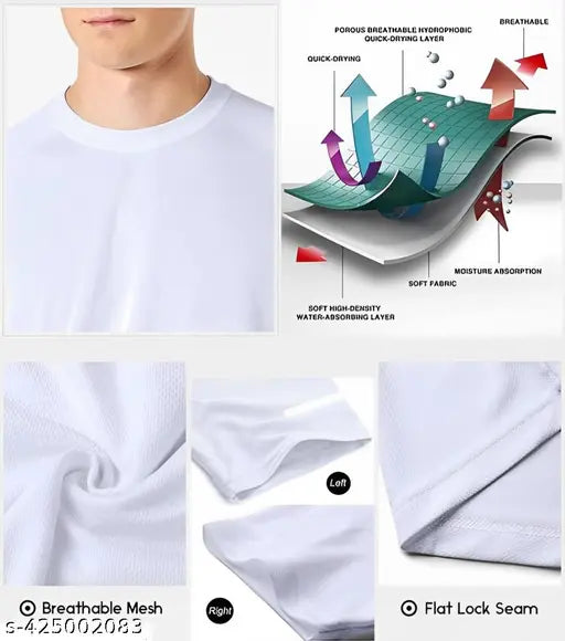 White printed men's short sleeve t-shirt with round neck, cool and quirky design on polyester fabric, size M
