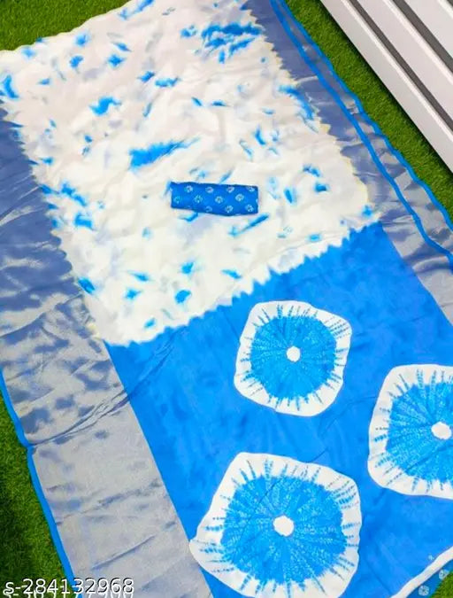 Brasso Moss Chiffon Shibori Print Saree with Contrast Blouse - Soft, smooth, and premium quality chiffon saree for daily wear or special occasions, featuring a beautiful peacock border and contrast blouse. Popular in South Indian states like Andhra Pradesh, Kerala, Tamil Nadu, and Karnataka