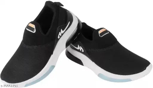 Black, white, and teal slip on running shoes with a checkmark symbol on the side