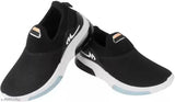 Black, white, and teal slip on running shoes with a checkmark symbol on the side