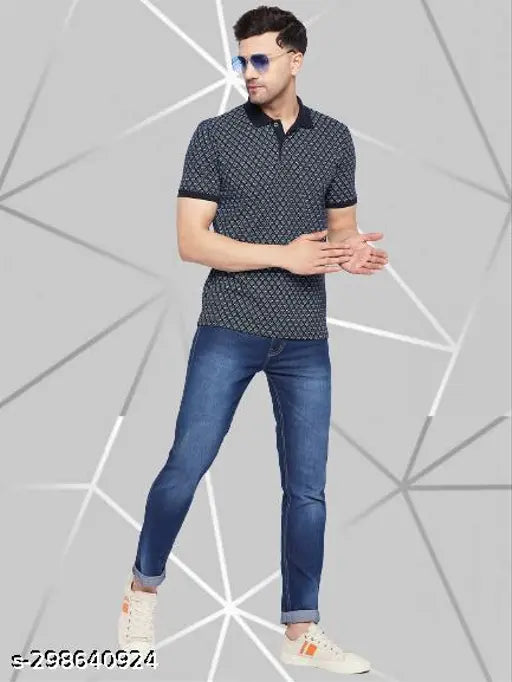 Navy blue half-sleeve polo neck checkered cotton blend t-shirt for men, wild west all over print