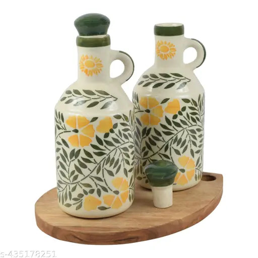 Premium ceramic oil dispenser bottle set in black, two pieces, with visible spout and handle, 1000ML capacity