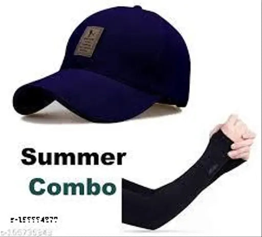 Modern cotton baseball cap and slim hand gloves combo, pack of 2 for men and women in solid design, adjustable cap with arm sleeves and cozy fur inside. Made in India