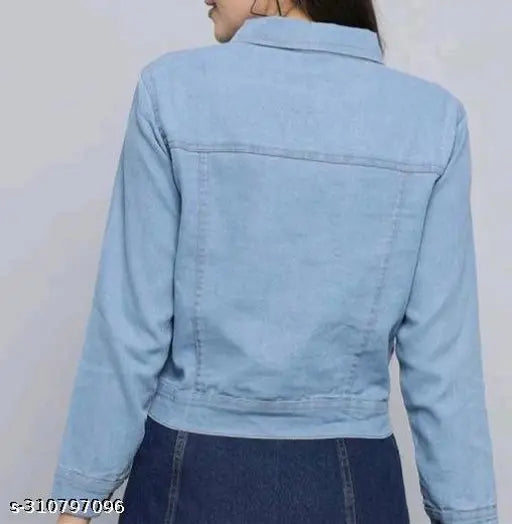 Denim jacket with a cropped length and zip front closure