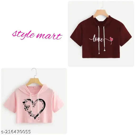 Premium stylish crop hoodie with printed design, short sleeves for women, made in India