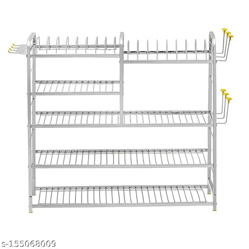 Winstar 5-tier stainless steel wall mount kitchen rack with plate and cutlery stand, for modern kitchen storage