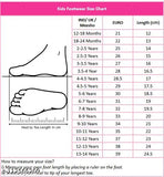 Black spider web themed children's sandals, adjustable straps, cushioned soles, size chart with European and Indian length options