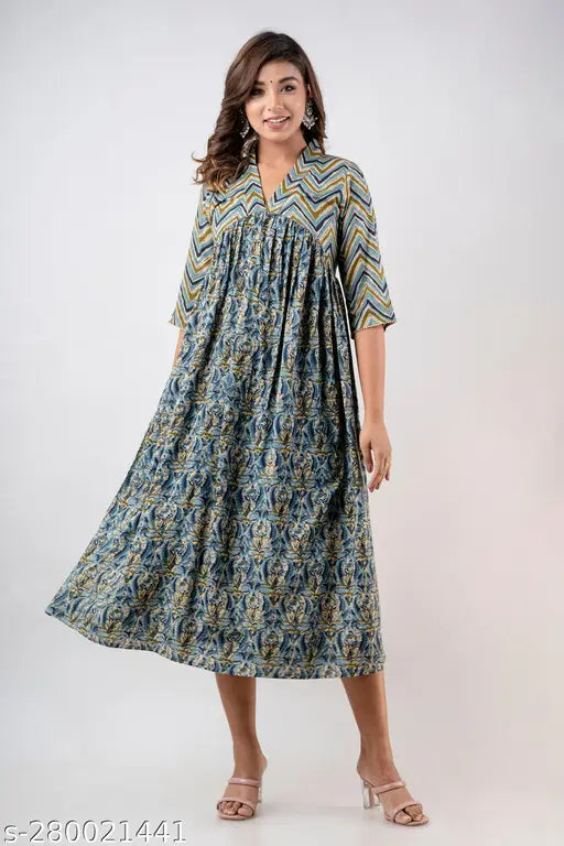Indianic Women's Rayon Kurtis, stylish three-quarter sleeve printed design in size XS (32in bust, 48in length)