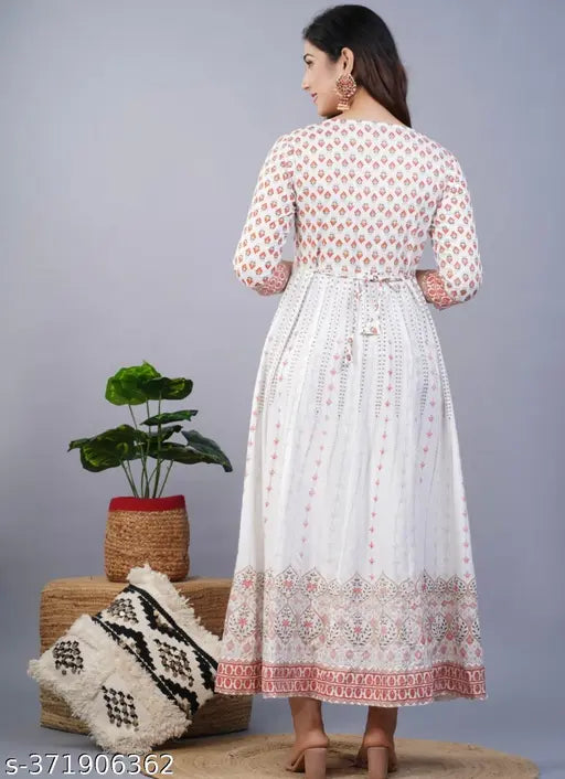 Rayon three-quarter sleeve women's casual printed anarkali kurta, vibrant Indian pattern on display, available in sizes S, XXL, XXXL