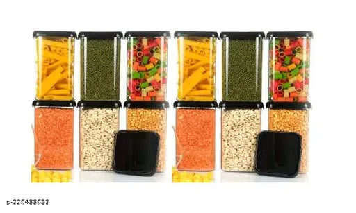 Airtight black plastic square container set for kitchen storage, 1100 ml containers, set of 12