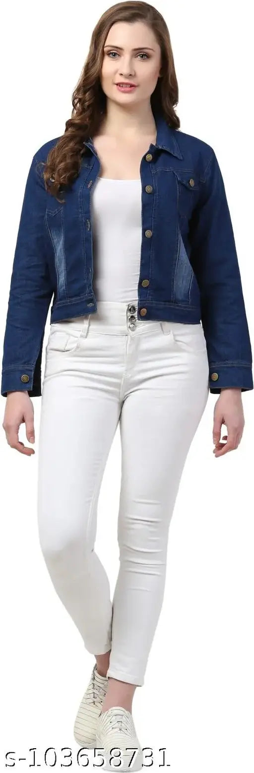 Darkwash denim jacket for girls, solid-colored decent fashion piece on hanger with long sleeves