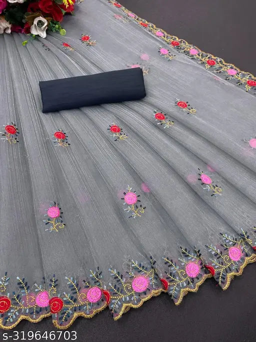 Beautiful Indian net organza saree with multi-thread work and cute border CPALLU, single piece, heavy plain Bangalore silk blouse