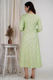 Rayon Chamaki Pista-colored Anarkali Style 84 Kurti with zari embroidery and pani color gota, featuring three-quarter sleeves. Available in sizes S-5XL