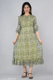 Printed chiffon flared long kurta for women's fashion, trendy attire for parties and festivals