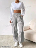 Wide-leg grey sweatpants with cropped white t-shirt