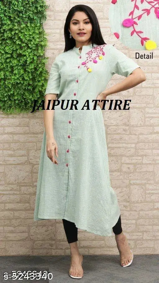 Embroidered cotton slub kurti, short-sleeved, Indian handcrafted embroidery on natural slub fabric