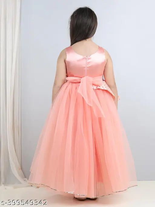 Peach satin embellished girls' full length dress, sleeveless design, fitted waist