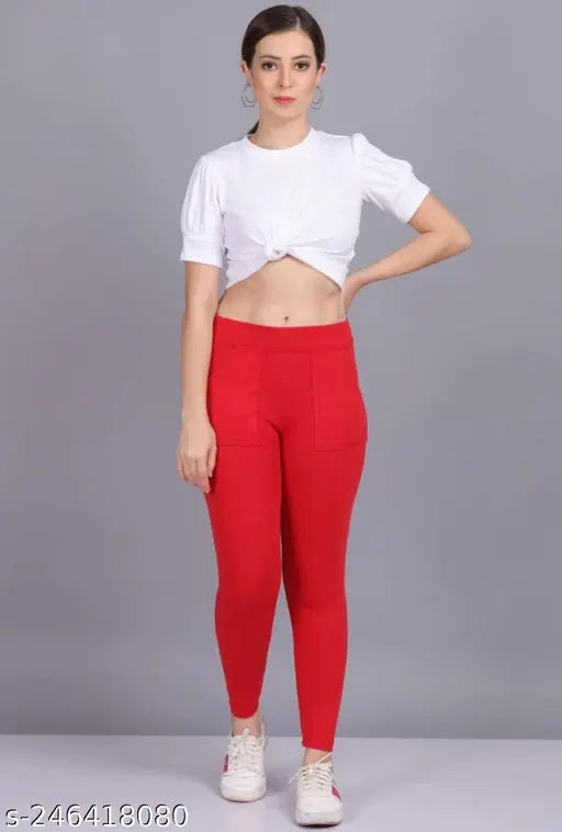 Cotton blend solid-colored fashionable women's pocket jeggings pack of 2, elastic closure, breathable and stretchy for outdoor or casual wear (size 26/30/32/36/XS/S/M)