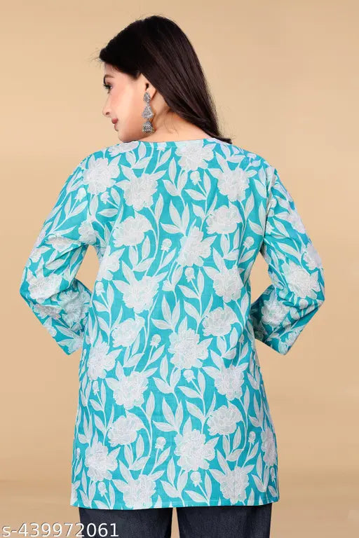 Flower printed cotton tunics for women, three-quarter sleeves design, Indian ethnic wear