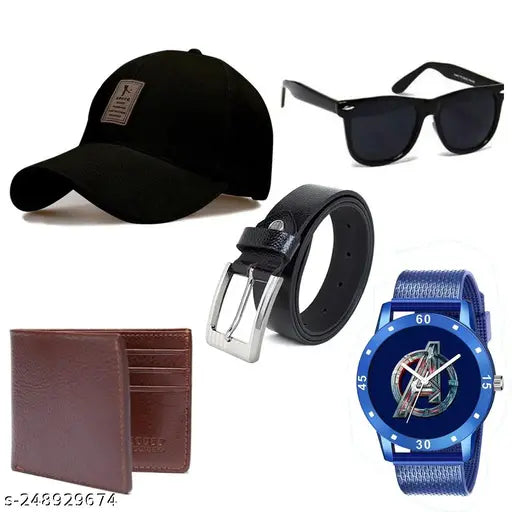 Printed cotton solid baseball cap combo with sunglass, belt, wallet, watch set for men & boys, five pieces in one size (India origin)