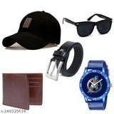 Printed cotton solid baseball cap combo with sunglass, belt, wallet, watch set for men & boys, five pieces in one size (India origin)
