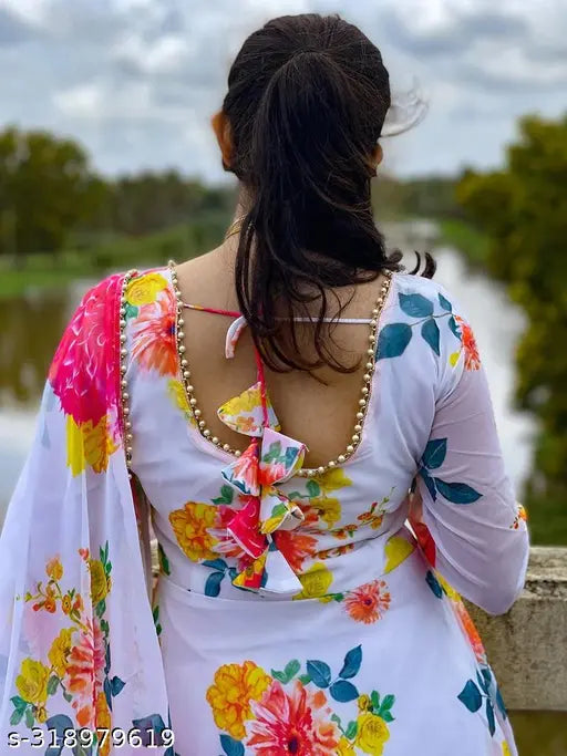 Printed Georgette gown, long sleeves, vibrant Indian design - Size S, 36in bust