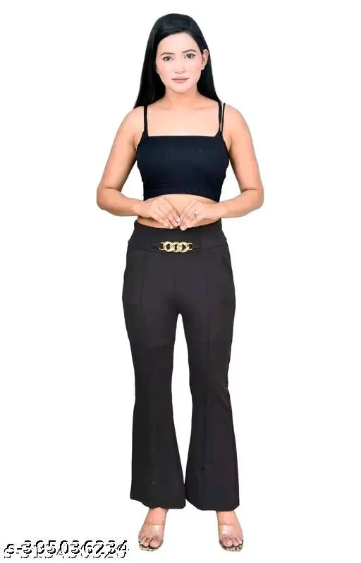 Black women's wide-leg bell bottom jeans, high waist, straight cut, no embellishment