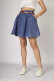 The denim short skirt is blue with two side pockets. It has a belt and is designed for women or girls, likely for casual wear