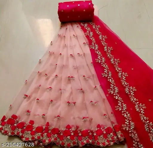 Dupion silk and net embellished Lehenga Choli with embroidered dupatta, semi-stitched (LW 44in, LL 42in, DL 2.15in), Indian origin