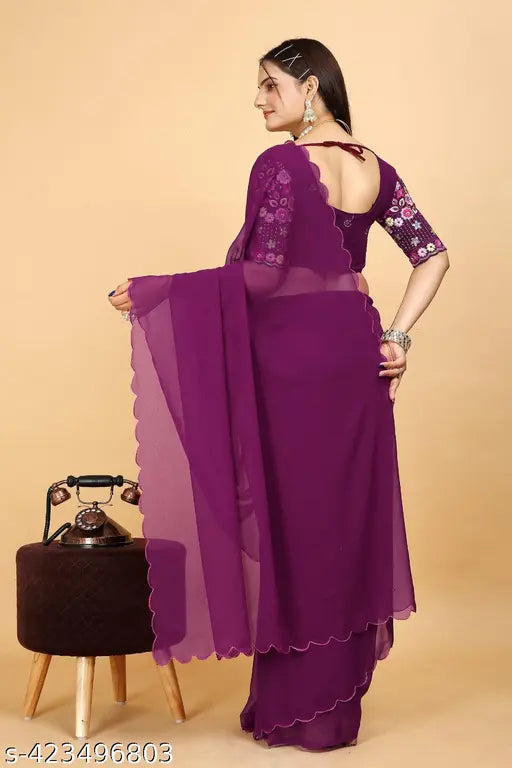 Purple saree, embroidered borders, sleeveless blouse