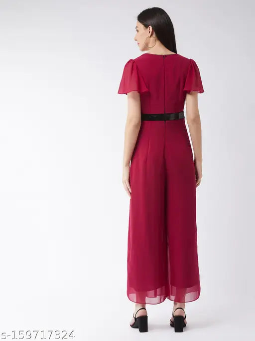 Pink Georgette V-neck jumpsuit, relaxed fit with short sleeves, Miss Chase women's solid style