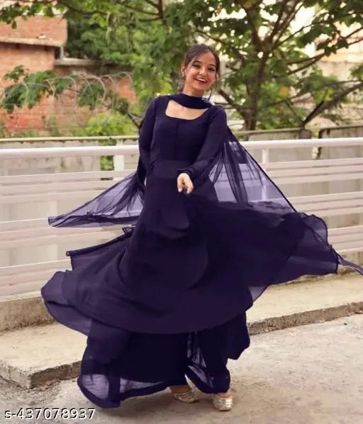 Ethereal Elegance Georgette Gown Palazzo & Solid Net Dupatta Ensemble - Indian handcrafted traditional-meets-modern bridal wear