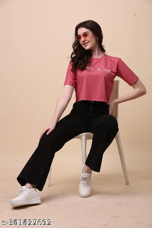 Pink Lycra short-sleeved top with printed net pattern, "YOU & ME PINK" free size from India