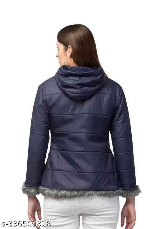 Blue nylon women's winter jacket with long sleeves, solid design for cold weather, size S (bust 38in, length 25in)
