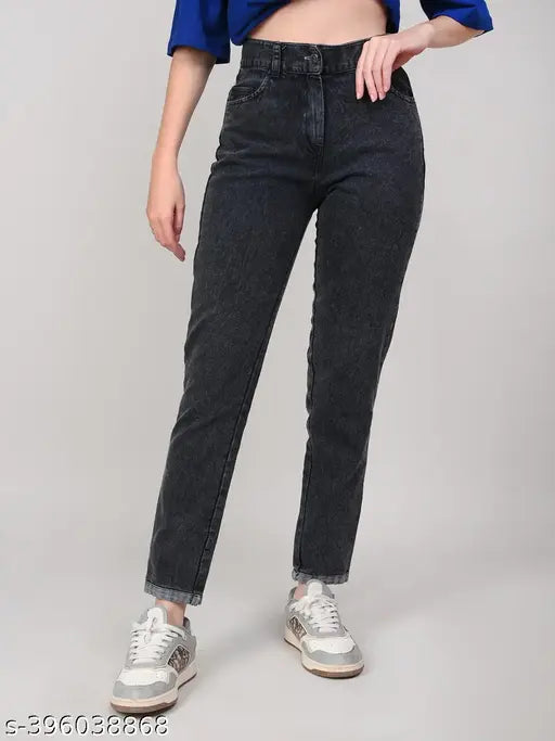 Black stretchable premium denim high waisted women's cargo jeans