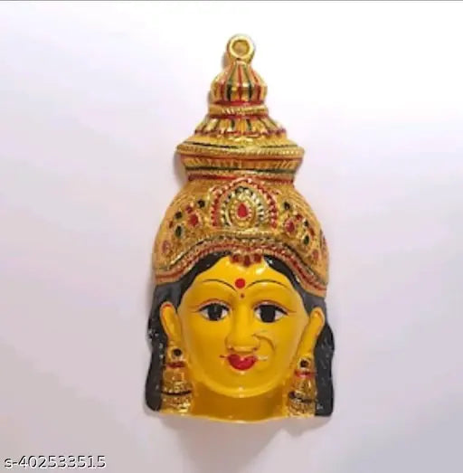 Yellow aluminum Saraswati MATA Face Decorative (6 inch) with golden crown finish - Indian artistry showcased