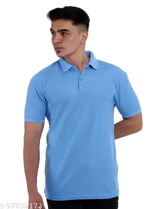 Blue cotton blend collarneck t-shirt for men, versatile fabric for work or play, made in India