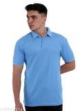 Blue cotton blend collarneck t-shirt for men, versatile fabric for work or play, made in India