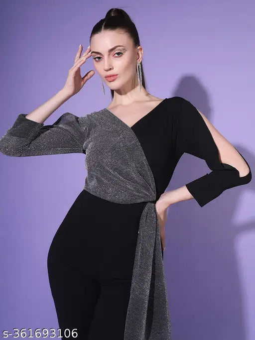 Long-sleeved solid net crepe dupatta jumpsuit, perfect for parties or festivals, made in India