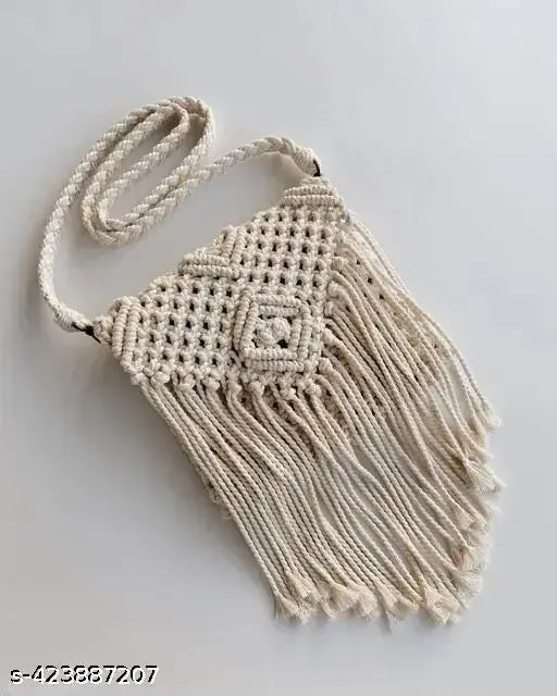Macrame trendy women's crossbody handbag, white tassel accents