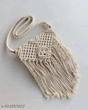 Macrame trendy women's crossbody handbag, white tassel accents
